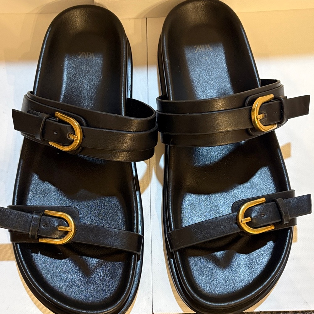 Zara Black Sandals with Gold Buckles